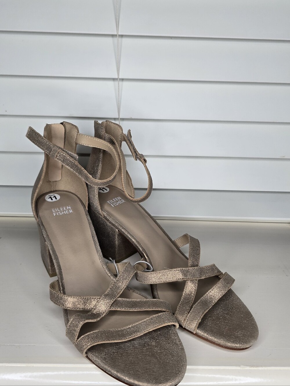Eileen Fisher Metallic Taupe Strappy Block Heels